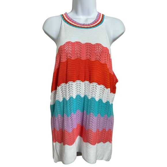 Sleeveless High Neck Sweater Top Sz XL Open Knit Colorful Crochet Blouse - Picture 2 of 7
